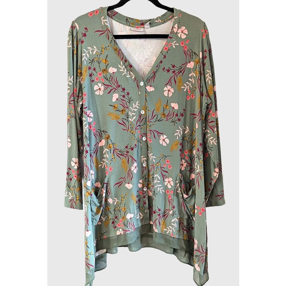 LOGO Lori Goldstein Sage Floral Button Front Tunic Cardigan 1X Pockets Layer